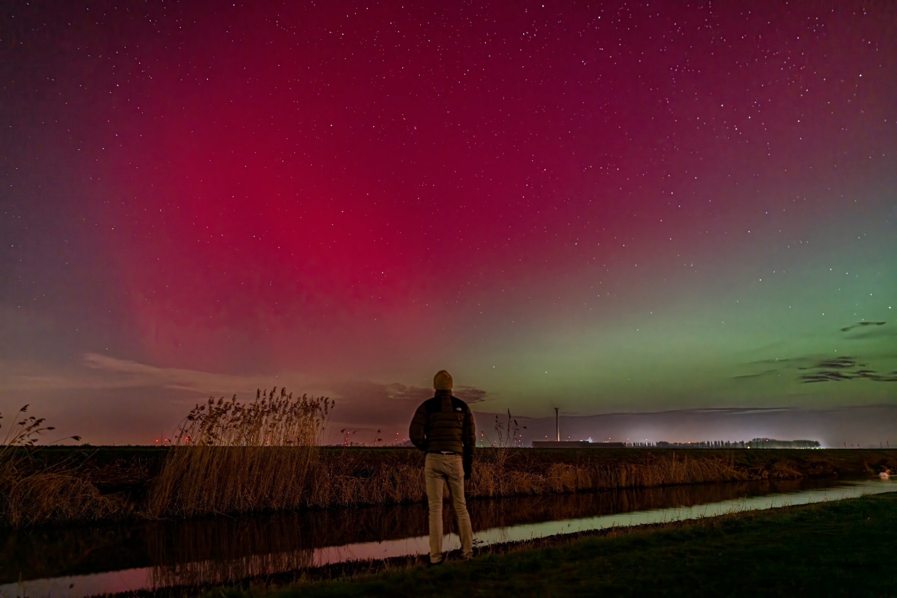 A figure watches the northern lights over a still Dutch polder at night.