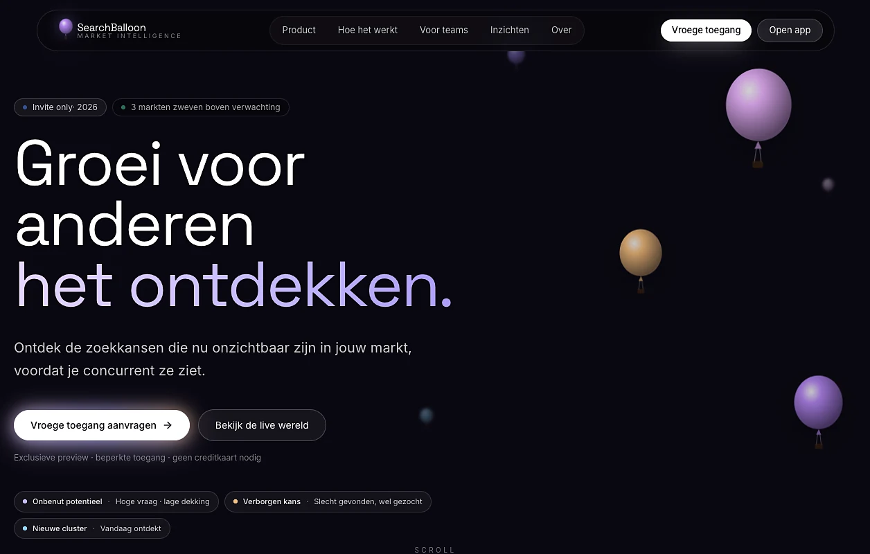 Startscherm van SearchBalloon met navigatie, zwevende ballonnen en labels voor onbenut potentieel en nieuwe clusters.