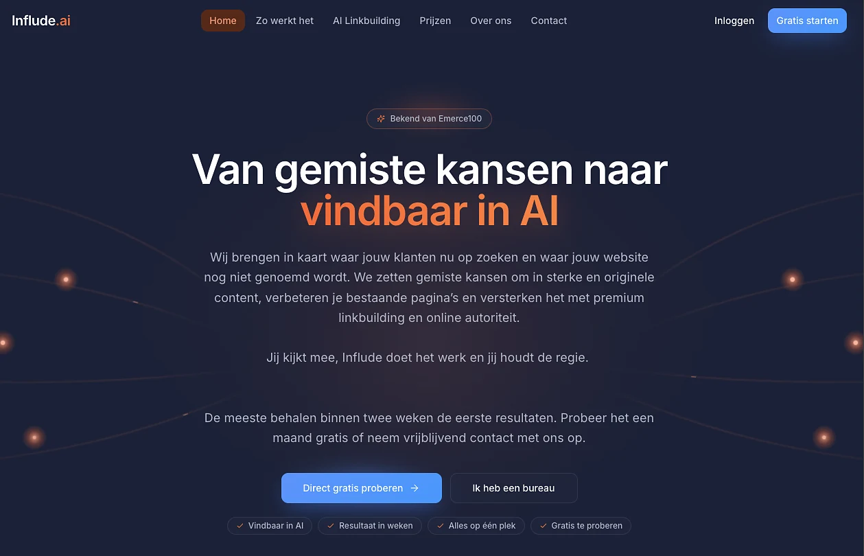 Startscherm van Influde AI met navigatie, uitleg over vindbaarheid in AI en knoppen om te starten.