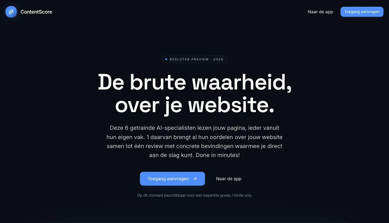 Startscherm van ContentScore met de tekst over een review door zes AI-specialisten en knoppen om toegang aan te vragen.